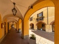 Historical arcades in Caramagna Piemonte, Piedmont, Italy
