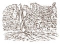 Historical architecture with buildings, perspective view. Seascape in European city Atrani in Italy. Engraved hand drawn