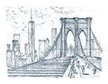 Historical architecture with buildings, perspective view. Vintage Landscape. Brooklyn Bridge, New York. Engraved hand