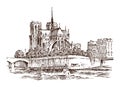 Historical architecture with buildings, perspective view. Vintage Landscape. Notre-Dame de Paris. Engraved hand drawn in