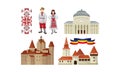 Historical Architecture, Culture And Traditional Embroidery And National Clothes Of Romania Vector Illustration Set