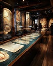 Historical artifacts, ancient documents displayed in a museum, visitors exploring cultural heritage. Royalty Free Stock Photo
