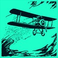 Historical biplane aircraft flying over a wild sea with high waves on a blue-green background