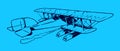 Historical biplane seaplane flying away. Illustration on a blue background after a lithography from the early 20th century