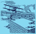 Historical biplane seaplane flying away. Illustration on a blue-grey background after a lithography from the early 20th century