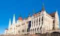 Historical building of Hungarian Parliament on Danube River Embankment in Budapest. Sunny day shot with clear blue sky. Royalty Free Stock Photo