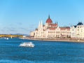 Historical building of Hungarian Parliament on Danube River Embankment in Budapest. Sunny day shot with clear blue sky. Royalty Free Stock Photo