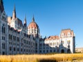 Historical building of Hungarian Parliament view from Kossuth Lajos Square. Sunny day shot with clear blue sky. Royalty Free Stock Photo