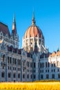 Historical building of Hungarian Parliament view from Kossuth Lajos Square. Sunny day shot with clear blue sky. Royalty Free Stock Photo