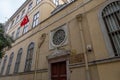 Taksim, Istanbul, Turkey - 03.12.2021: building of Istanbul Beyoglu Private Galileo Galilei Italian High School with Turkish flag