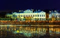 Historical building Sheremetyev Palace of St. Petersburg on the embankment with Christmas lights, fairytale night picture of the