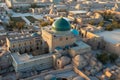 Historical buildings of Khiva Uzbekistan from above. Building with green dome is mausoleum of Pahlavan Mahmoud