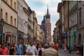Historical buildings and St Mary Basilica tower in old town Krakow, Poland