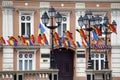 The historical center of Timisoara festively decorated with rows of Romanian tricolor flags