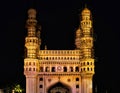 Historical charminar front view at night and ancient magnificent architecture