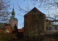 Historical Church an Wall in Winter in the Old Town of Bautzen, Saxony Royalty Free Stock Photo