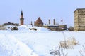 Historical cifte minareli double minaret madrasah, erzurum castle area with snow in Erzurum