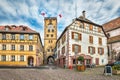 Historical clock tower with gate in Ribeauville, France