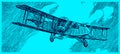 Historical commercial aviation biplane flying in front of a dark cloudy sky. Illustration on a blue background after a lithography