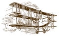 Historical commercial single-engine tractor triplane flying in a cloudy sky. Illustration on a blue background after a lithography