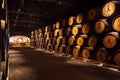 Historical corridor inside winery Sandeman, with wooden barrel, it making porto wine from 18th century