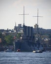 The historical cruiser Aurora is docked at the Petrogradskaya embankment. Saint-Petersburg, Russia Royalty Free Stock Photo