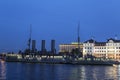 The cruiser `Aurora` at the Petrovskaya embankment during the white nights, Saint-Petersburg, Russia Royalty Free Stock Photo