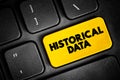 Historical Data - collected data about past events and circumstances pertaining to a particular subject, text button on keyboard