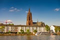 Historical downtown, Frankfurt Cathedral Tower and the bank of Main river in Frankfurt, Germany Royalty Free Stock Photo