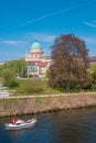 Historical downtown in Potsdam with river Havel and Saint Nikolai cathedral at blue sky in Spring, Germany