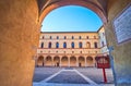 The historical entrance to Rocchetta courtyard, the most impregnable place in Sforza`s Castle, on April 5 in Milan, Italy Royalty Free Stock Photo