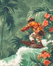 A historical explorer in jungle gear surfing on an old wooden board among lush, uncharted tropical forests