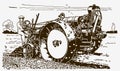 Historical farmer driving a tractor in a field in three-quarter front view