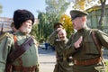 Historical festival dedicated to the events of the Russian civil war. A group of participants in the White army uniform