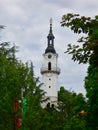 historical Firewatch Tower in VeszprÃ©m, Hungary with green trees