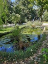 Historical fish pond and vegetation in the middle of the hostorical church yard. Late autumn sight. Royalty Free Stock Photo