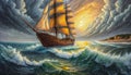 historical frigate in a storm at sea