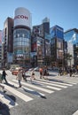 Historical Ginza crossing in front of San-ai building topped by Eco- powered billboard. Tokyo. Japan