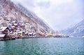 Winter in the Hallstatt town on a lake in Alps mountains, Austria Royalty Free Stock Photo