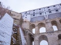 Historical houses and castle landmark statue river winter season snow in Cesky Krumlov. Czech Republic Royalty Free Stock Photo