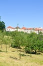 Historical houses on Petrin hill surrounded by beautiful green park. Czech capital Prague, Bohemia, Czech Republic, Europe. Royalty Free Stock Photo