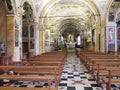 Historical interior of Madonna del Sasso church with wooden furniture, decorative ceiling in Locarno city at Switzerland