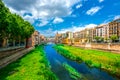 historical jewish quarter in Girona with Eiffel Bridge at sunrise, Barcelona, Spain, Catalonia.