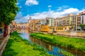 historical jewish quarter in Girona with Eiffel Bridge at sunrise, Barcelona, Spain, Catalonia.