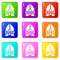 Historical knight helmet icons set 9 color collection