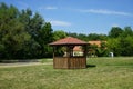 Wooden gazebo in a historical park near a limestone quarry. RÃ¼dersdorf bei Berlin, Germany