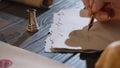 Female in antique outfit writes with feather pen. Close up shot of woman writing a letter with vintage quill feather pen Royalty Free Stock Photo