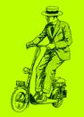 Historical Man Riding Motor Scooter. Isolated On Green Background After Lithography From The Early 20th Century