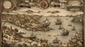 Historical map, treasure map, pirate map with pirate ships, islands and nautical signs