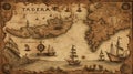 Historical map, treasure map, pirate map with pirate ships, islands and nautical signs.